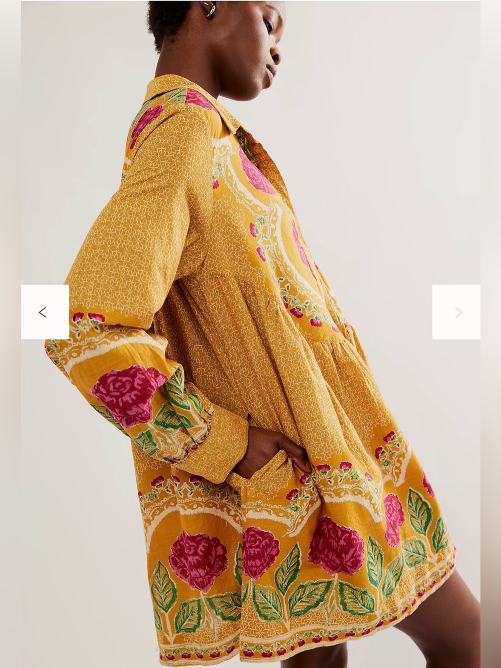 Free People Smell The Roses Mustard Floral Mini Dress with Pink Rose Border